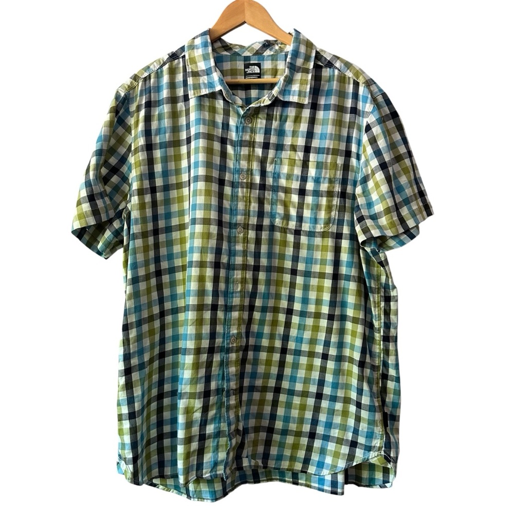The North Face Shirt Men‎ Large XXL Blue White Green Checkered Button Up
